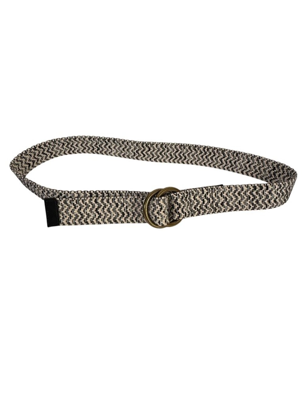 J.Crew Woven Straw Belt XS/S Beige Black Pattern Brass Double Ring Buckle Scandi